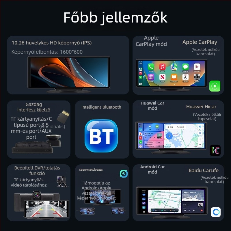 2K-s autós dashcam elő- és hátsó felvétellel, 10 hüvelykes érintőképernyővel, CarPlay és hordozható szórakozás, hátrameneti kép