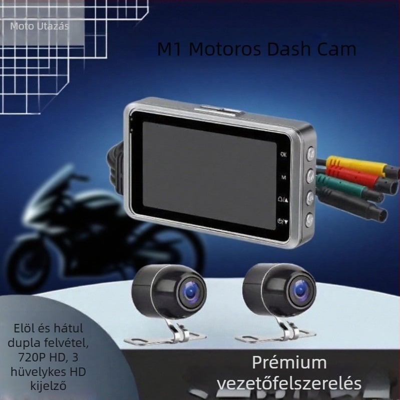 Motorkerékpár dash-kamera elő- és hátsó duál objektívvel, 720P HD, 140° látószög, TF-kártya támogatás 128GB-ig, ciklikus felvétel