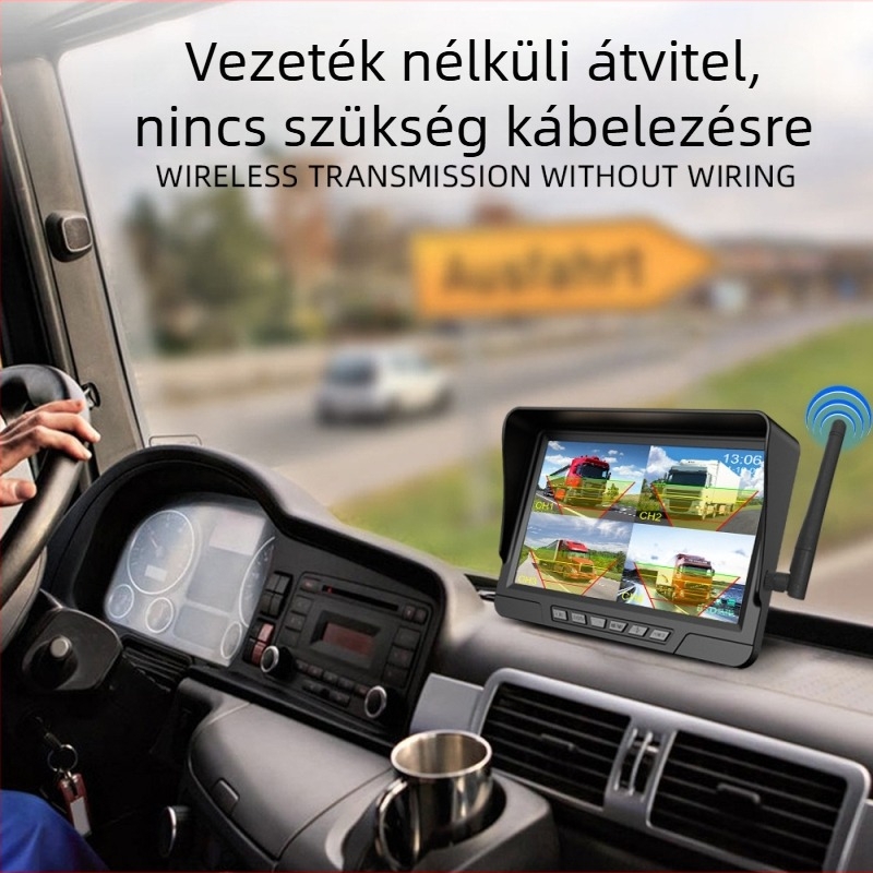7 hüvelykes vezeték nélküli teherautó-dashcam kettős lencsével, 1080p, Starlight éjjellátás, BSD figyelmeztetés, 24V, hátrameneti kép, középkonzolhoz történő rögzítés, Wi-Fi