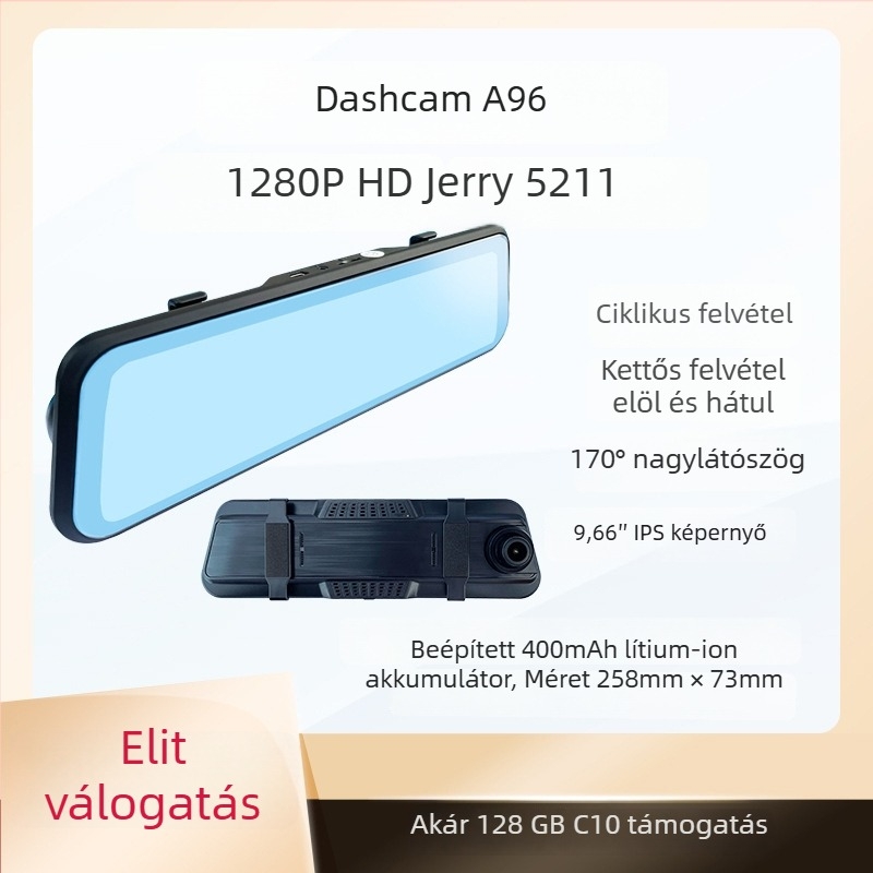 9,66 hüvelykes visszapillantó tükör dash cam dupla lencsével – 1080p éjszakai látás, tolató kép