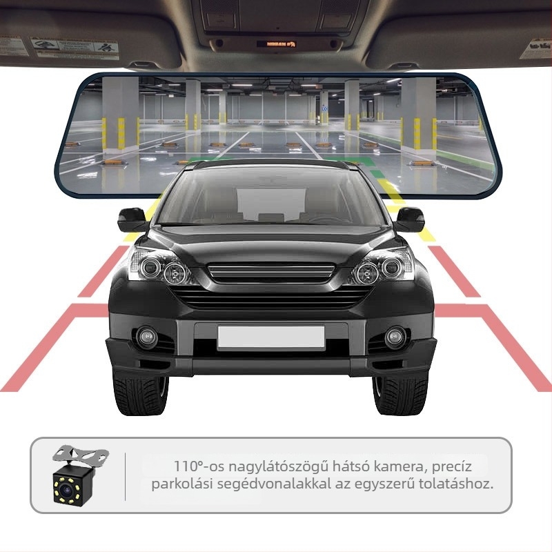 9,66 hüvelykes visszapillantó tükör dash cam dupla lencsével – 1080p éjszakai látás, tolató kép