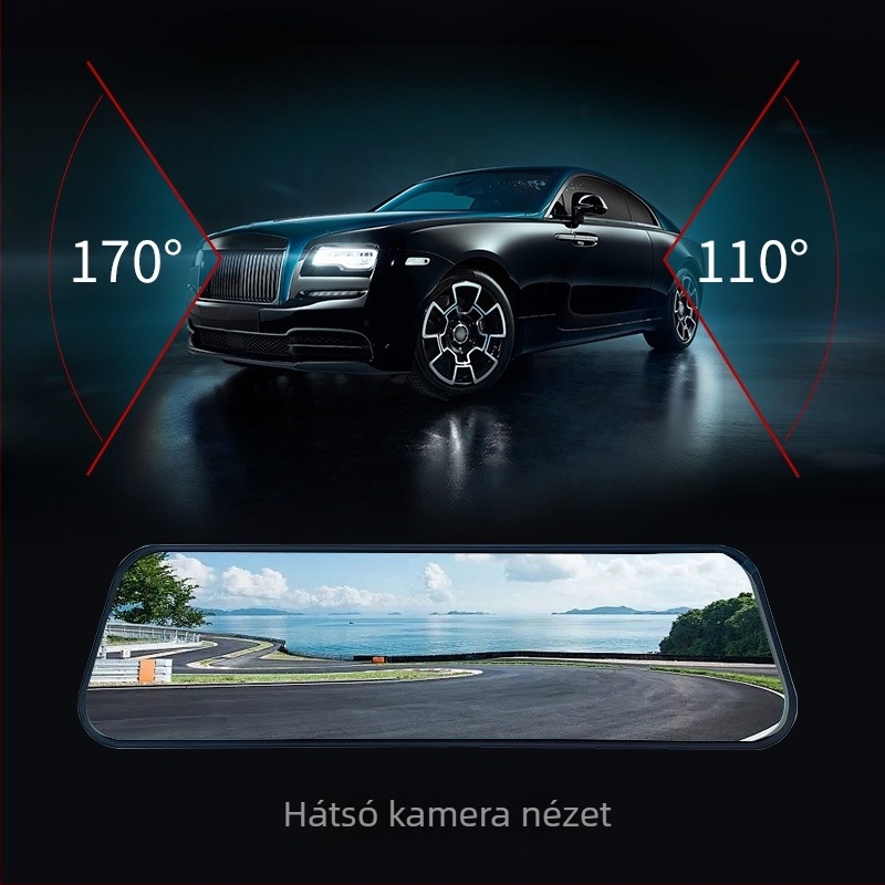 9,66 hüvelykes visszapillantó tükör dash cam dupla lencsével – 1080p éjszakai látás, tolató kép