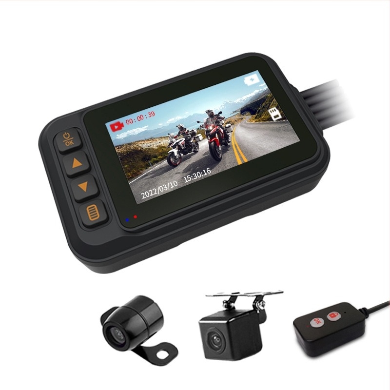 MT-55 Motorkerékpár Dash Cam elő- és hátsó 120° széles látószögű dupla kamera, 2MP, akár 64GB, 12–24V tápegység