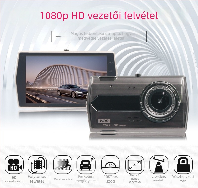 Jinglu autó videórögzítő cink ötvözetből, dupla objektív, 1080p elöl-hátul, 150° látószög, TF-kártya támogatás, 12V tápegység