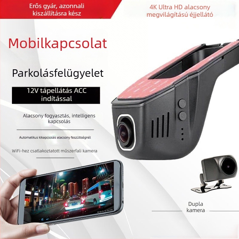 U-alakú rejtett HD autós dash kamera Wi‑Fi kapcsolattal, USB/ACC áramellátással, kettős vagy egyes felvétellel, 4K+ felbontás, 170° látószög, szélvédőre szerelhető