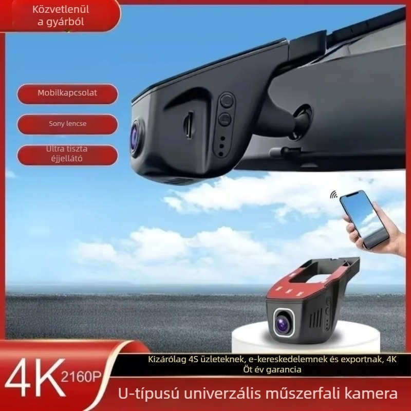 U-alakú rejtett HD autós dash kamera Wi‑Fi kapcsolattal, USB/ACC áramellátással, kettős vagy egyes felvétellel, 4K+ felbontás, 170° látószög, szélvédőre szerelhető