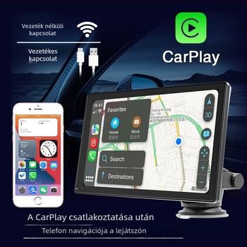 Autós MP5 multimédiás navigáció Bluetooth-kal, Apple CarPlay és Android Auto-val; támogatja az AVI/MP4 videókat és MP3/WAV hangot; MicroSD memóriakártya bemenet