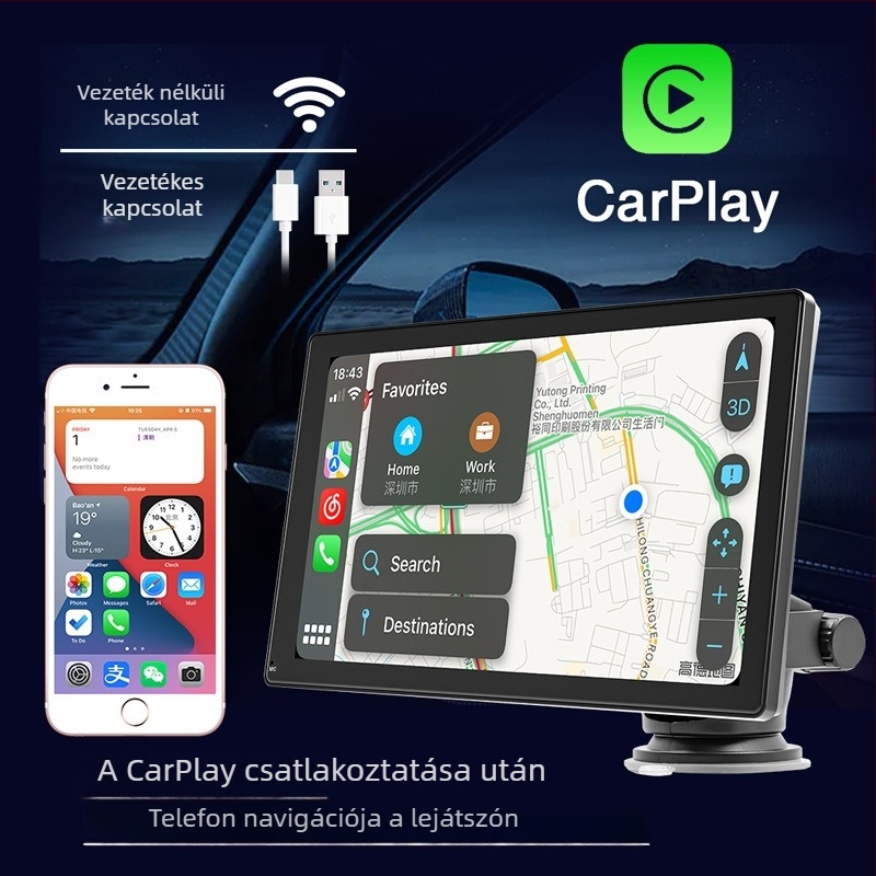 Autós MP5 multimédiás navigáció Bluetooth-kal, Apple CarPlay és Android Auto-val; támogatja az AVI/MP4 videókat és MP3/WAV hangot; MicroSD memóriakártya bemenet
