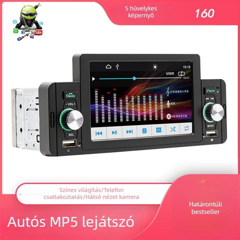 Autó MP5 lejátszó Bluetooth-tal, érintőképernyővel, USB/SD kártya lejátszás, RM/MP4/MKV/AVI videók, 60W x 4 erősítő, 10–14.4V tápegység, hátsó kamera bemenet