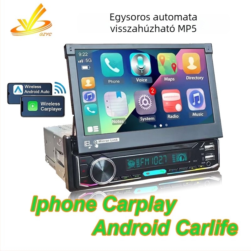 Single-DIN autóhifi 7 inch kijelzővel, (Bluetooth CarPlay, 32GB tárhely, 1GB RAM, WINCE, 1080p)