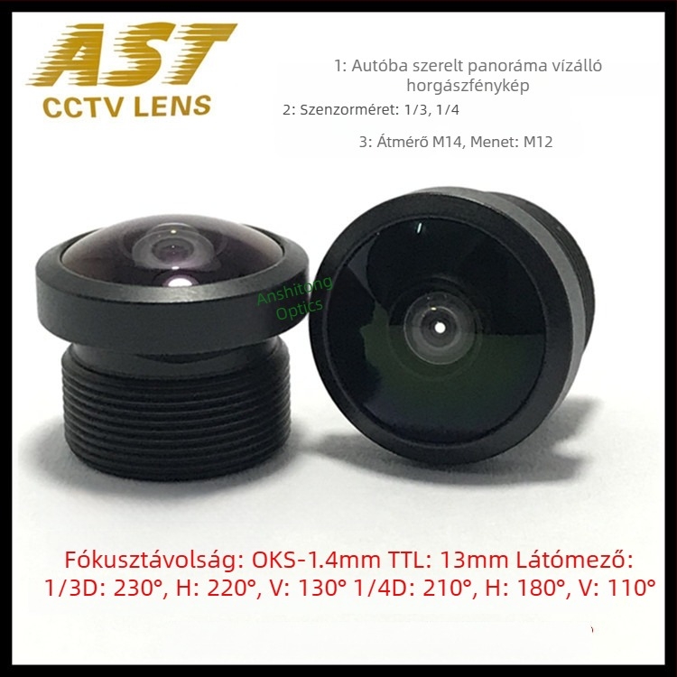 Fisheye objektív autókamera számára – 1,4 mm fókusztávolság, 220° látómező, M12 csatlakozás, fényerő f/1.8–f/2.0, legközelebbi fókusz 0,2 m
