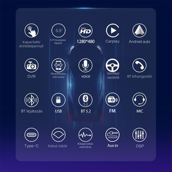 Vezeték nélküli CarPlay és Android Auto autó rádió MP5 lejátszó Bluetooth, 12V DC tápegység