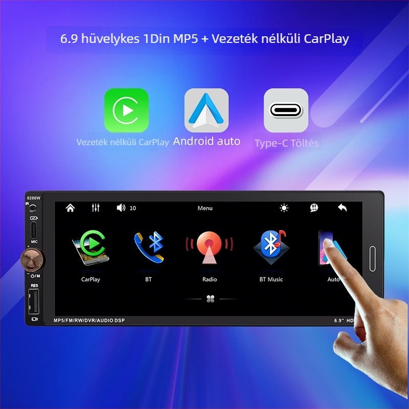 Vezeték nélküli CarPlay és Android Auto autó rádió MP5 lejátszó Bluetooth, 12V DC tápegység