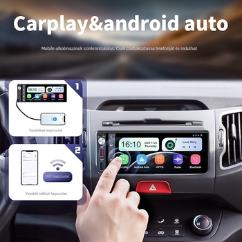TH-68001 MP5 autóba szánt multimédiás egység HD hátsó kamera képpel, CarPlay és Android Auto, USB gyors töltés, SD-kártya támogatás, 1 éves garancia