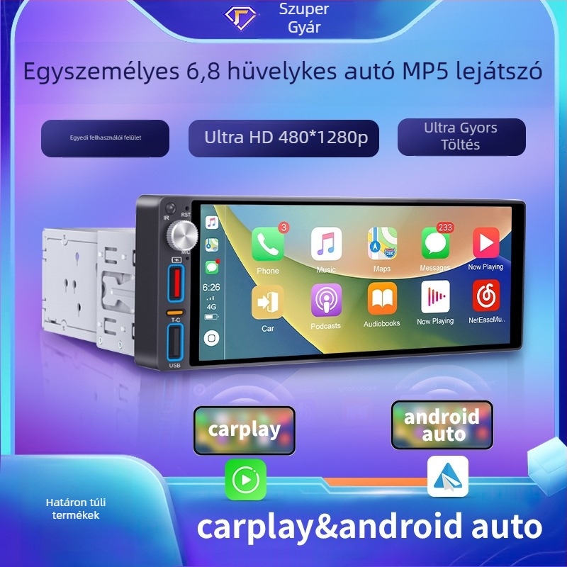 TH-68001 MP5 autóba szánt multimédiás egység HD hátsó kamera képpel, CarPlay és Android Auto, USB gyors töltés, SD-kártya támogatás, 1 éves garancia