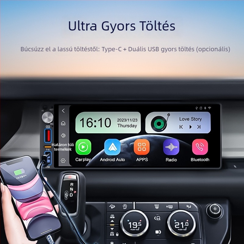 TH-68001 MP5 autóba szánt multimédiás egység HD hátsó kamera képpel, CarPlay és Android Auto, USB gyors töltés, SD-kártya támogatás, 1 éves garancia
