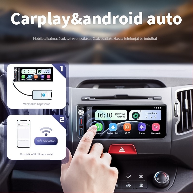 TH-68001 MP5 autóba szánt multimédiás egység HD hátsó kamera képpel, CarPlay és Android Auto, USB gyors töltés, SD-kártya támogatás, 1 éves garancia