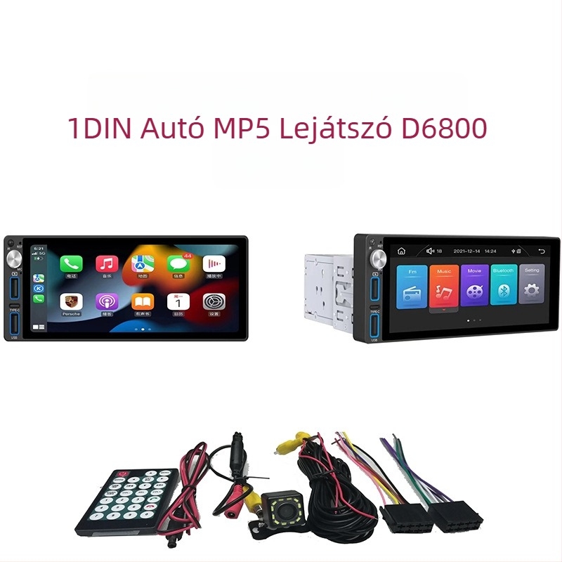 1-DIN CarPlay MP5 multimédiás lejátszó Bluetooth-kapcsolattal, SD-kártya támogatás, AVI/MPEG-4/MPG videók és MP3/WMA/WAV/FLAC hang