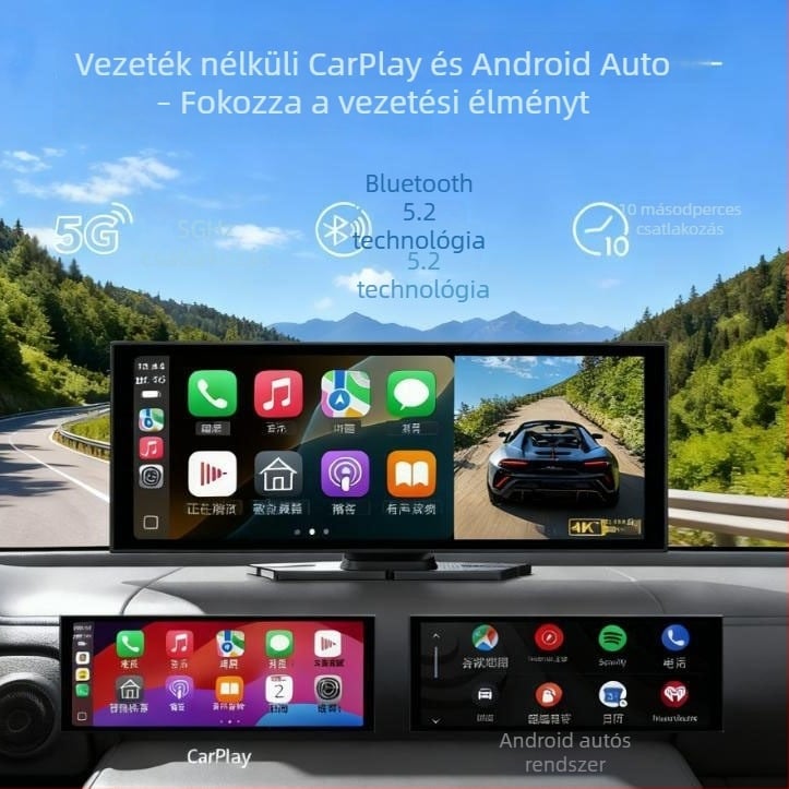10,26 hüvelykes hordozható autós MP5 Bluetooth kijelző, vezeték nélküli CarPlay és Android navigációval