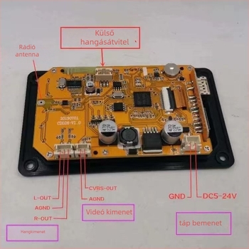 Autóba tervezett MP5 multimédiás modul Bluetooth 5.0-val, TFT kijelző, naptár és ébresztő, FM rádió és audio/videó dekóder