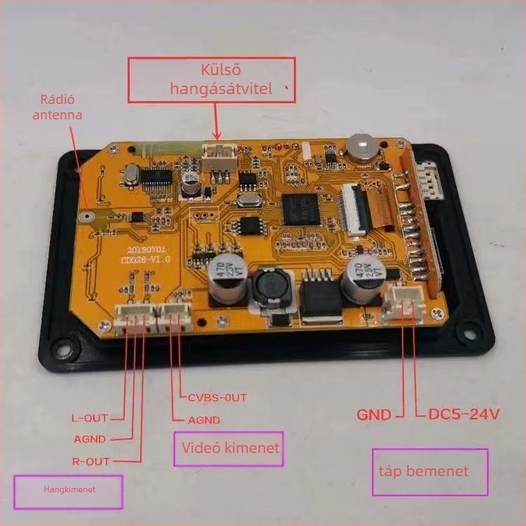 Autóba tervezett MP5 multimédiás modul Bluetooth 5.0-val, TFT kijelző, naptár és ébresztő, FM rádió és audio/videó dekóder