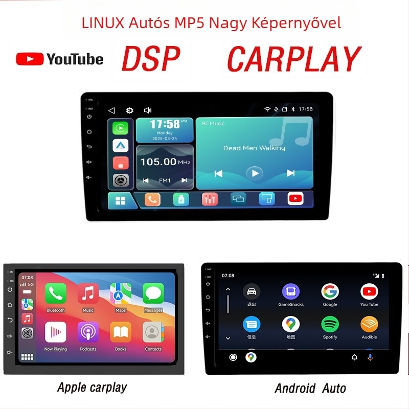 Autó MP5 multimédiás lejátszó CarPlay, Android Auto és Bluetooth-támogatással, OLED kijelző, modell 8268k