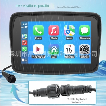 Motorkerékpár vezeték nélküli CarPlay navigációs kijelző, Levehető hordozható kijelző, Vízálló HD, Bluetooth, 12-24V DC tápegység