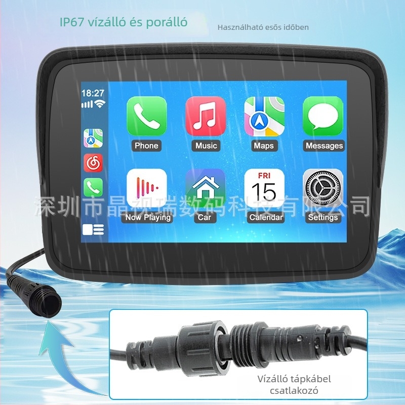 Motorkerékpár vezeték nélküli CarPlay navigációs kijelző, Levehető hordozható kijelző, Vízálló HD, Bluetooth, 12-24V DC tápegység