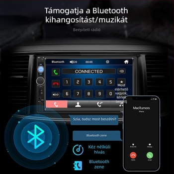 7 hüvelykes OLED autós MP5 lejátszó CarPlay‑kel, Bluetooth‑kal és hátsó kamera kép funkcióval, 12-24V DC tápegység