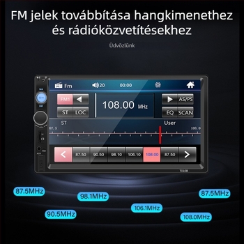 7 hüvelykes OLED autós MP5 lejátszó CarPlay‑kel, Bluetooth‑kal és hátsó kamera kép funkcióval, 12-24V DC tápegység