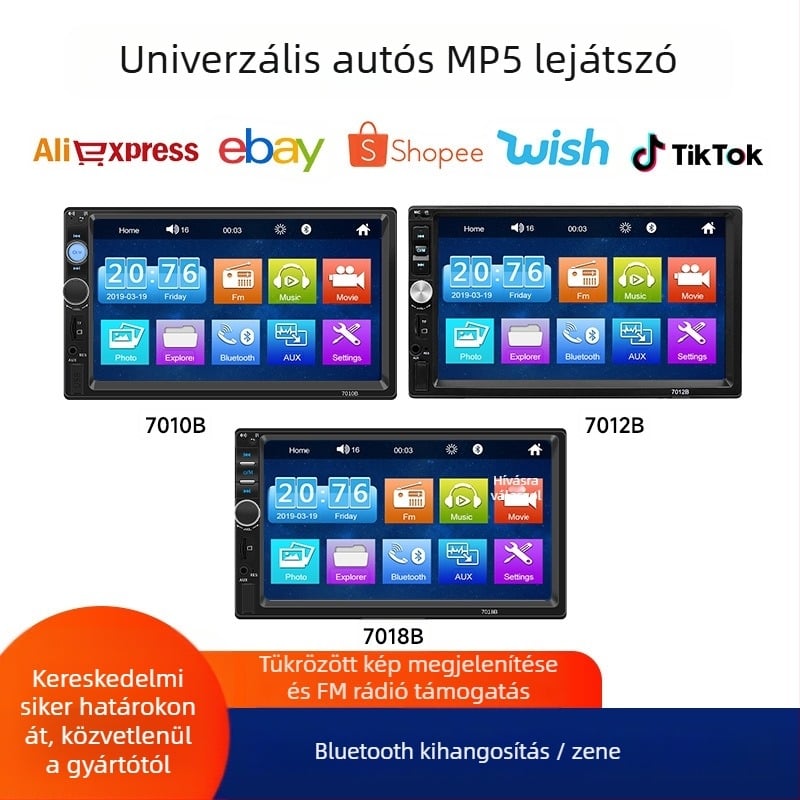 7 hüvelykes OLED autós MP5 lejátszó CarPlay‑kel, Bluetooth‑kal és hátsó kamera kép funkcióval, 12-24V DC tápegység