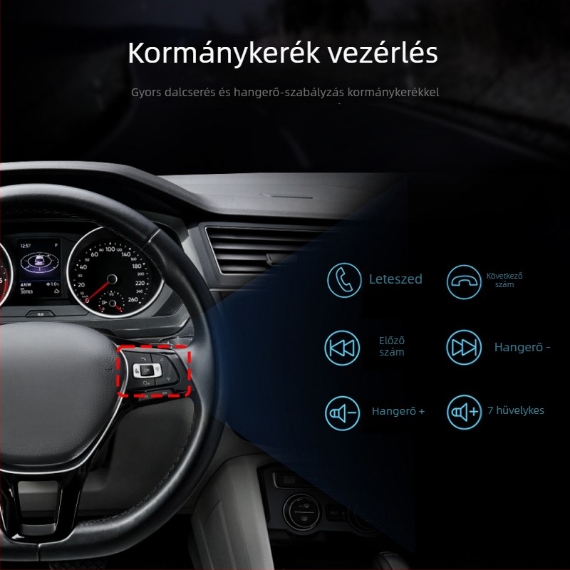 7 hüvelykes OLED autós MP5 lejátszó CarPlay‑kel, Bluetooth‑kal és hátsó kamera kép funkcióval, 12-24V DC tápegység
