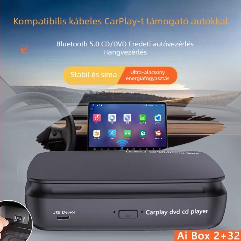 Autós DVD lejátszó CarPlay (kábelesről vezeték nélküli) és Android Auto, SX-360D, 2GB RAM/16GB ROM, 1280x720, USB-C, CD lejátszó