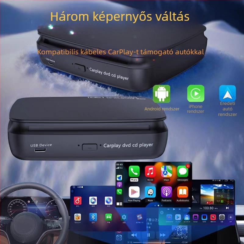 Autós DVD lejátszó CarPlay (kábelesről vezeték nélküli) és Android Auto, SX-360D, 2GB RAM/16GB ROM, 1280x720, USB-C, CD lejátszó