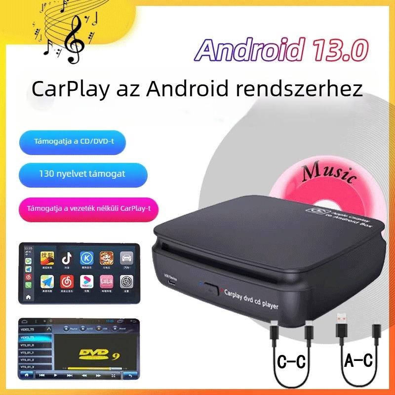 Autós DVD lejátszó CarPlay (kábelesről vezeték nélküli) és Android Auto, SX-360D, 2GB RAM/16GB ROM, 1280x720, USB-C, CD lejátszó