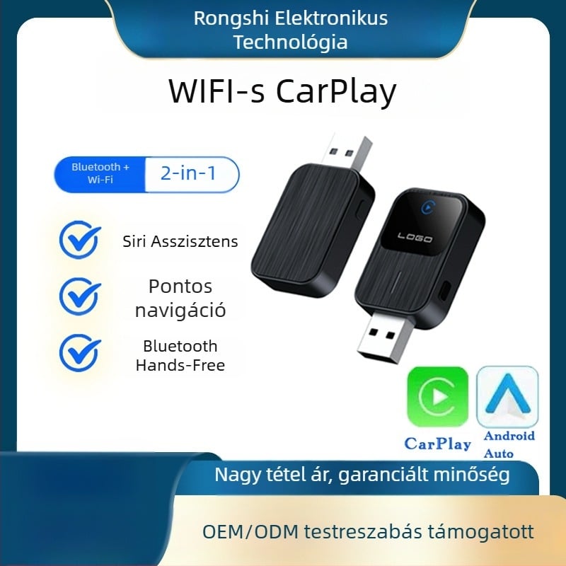 Vezeték nélküli CarPlay autóbox Android 2-in-1 adapterrel, modell K2-1, kétmagos processzor, 1 GB RAM, 1280x720, USB-A