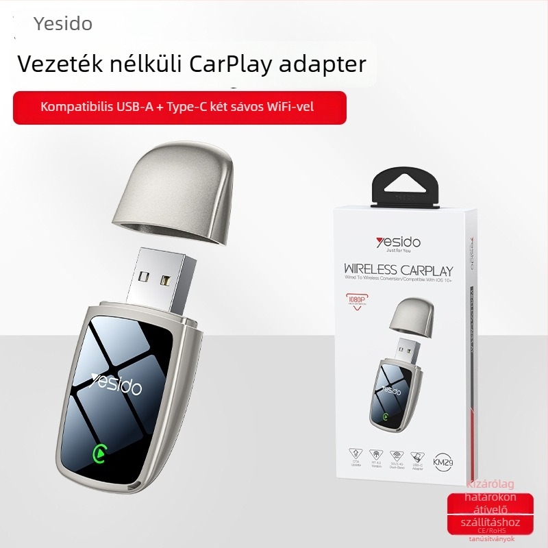 Yesido Km29 Vezeték nélküli CarPlay adapter, kettőmagos CPU, 1GB RAM, USB interfész, Dual-Band Wi‑Fi, korpusz cinkötvözetből
