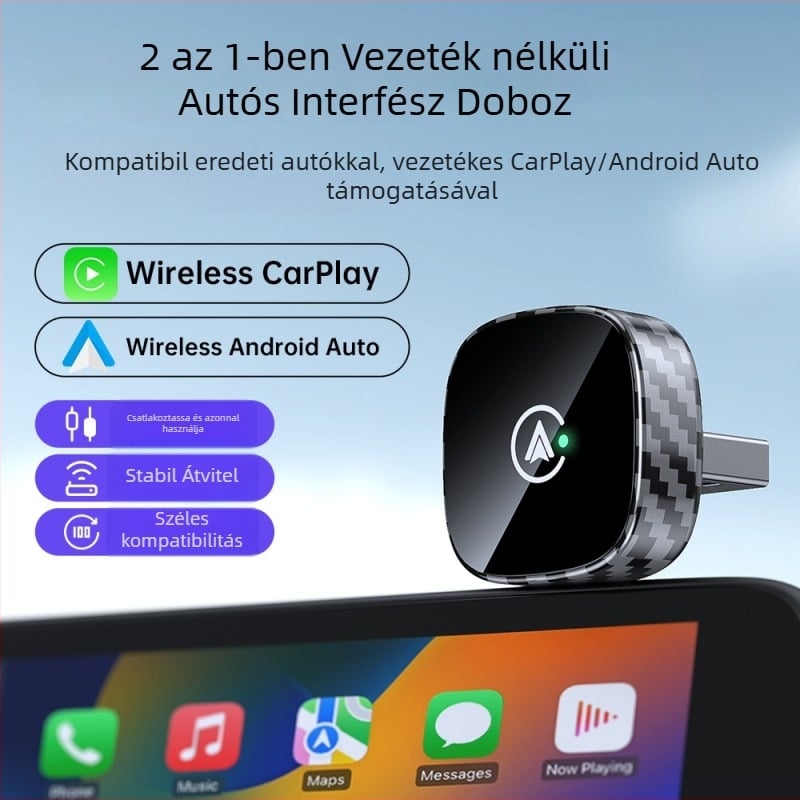 Vezeték nélküli CarPlay doboz Android 2-in-1 adapterrel; Dual-core CPU; 1GB RAM; 16GB ROM; USB és Type-C csatlakozók; Modell MS-08; kompatibil járművekkel, amelyekben kábeles CarPlay van