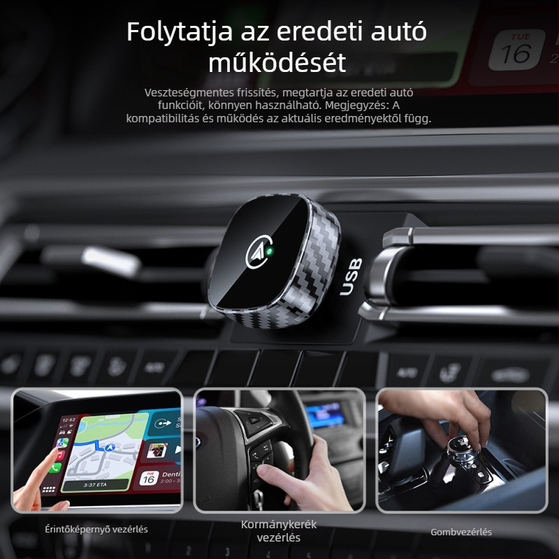 Vezeték nélküli CarPlay doboz Android 2-in-1 adapterrel; Dual-core CPU; 1GB RAM; 16GB ROM; USB és Type-C csatlakozók; Modell MS-08; kompatibil járművekkel, amelyekben kábeles CarPlay van