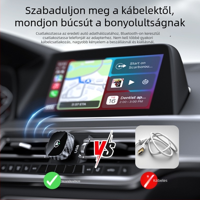Vezeték nélküli CarPlay doboz Android 2-in-1 adapterrel; Dual-core CPU; 1GB RAM; 16GB ROM; USB és Type-C csatlakozók; Modell MS-08; kompatibil járművekkel, amelyekben kábeles CarPlay van