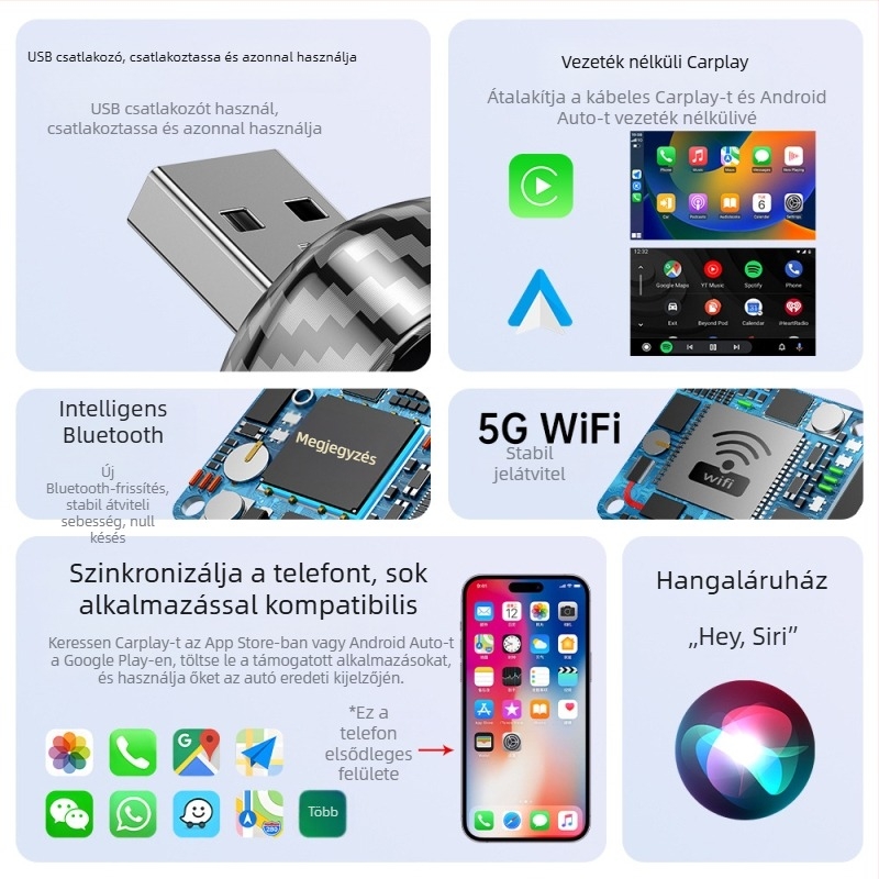 Vezeték nélküli CarPlay doboz Android 2-in-1 adapterrel; Dual-core CPU; 1GB RAM; 16GB ROM; USB és Type-C csatlakozók; Modell MS-08; kompatibil járművekkel, amelyekben kábeles CarPlay van