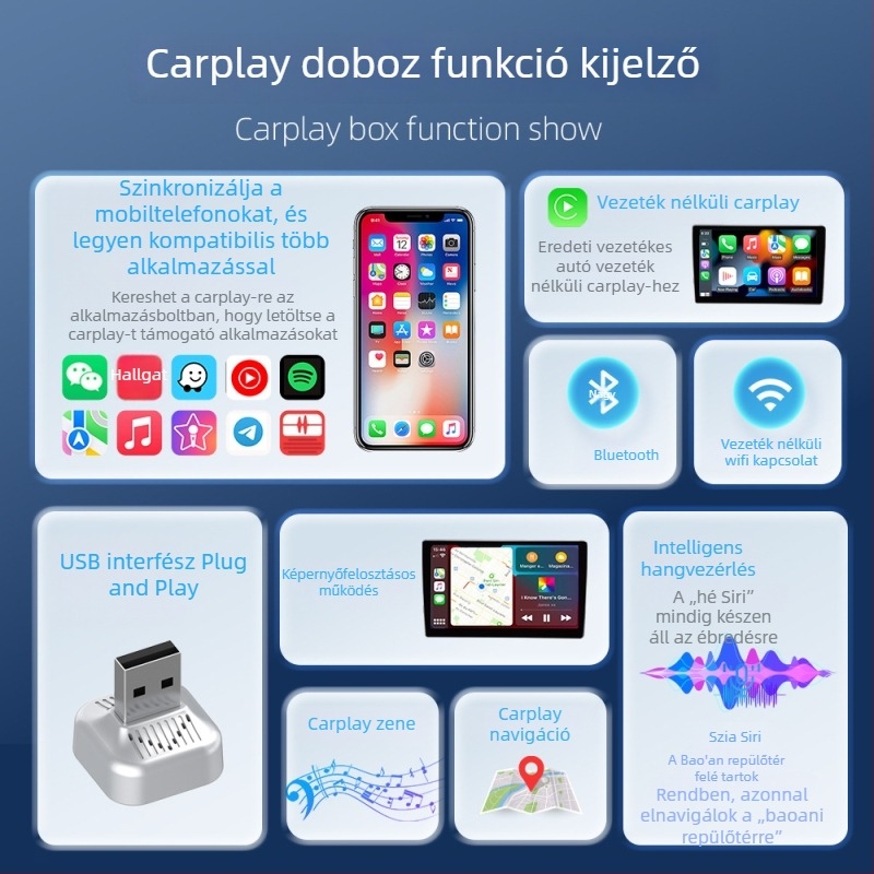 Eredeti kábeles CarPlayhez készült vezeték nélküli CarPlay adapter, T-típusú vízszintes csatlakozó, kétcsatornás Android Auto