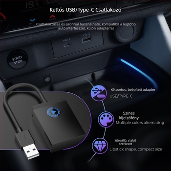 Android Auto autós adapter: kábelről vezeték nélküli 2-in-1, CarPlay támogatás, kétmagos CPU, 1GB RAM, 16GB ROM, USB-C/USB