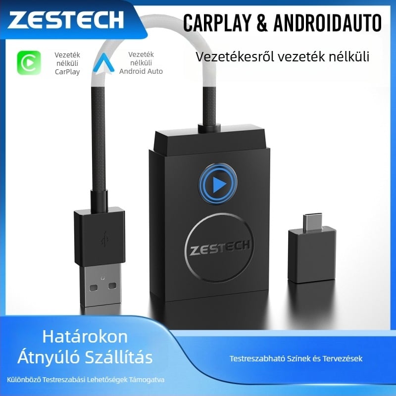 Android Auto autós adapter: kábelről vezeték nélküli 2-in-1, CarPlay támogatás, kétmagos CPU, 1GB RAM, 16GB ROM, USB-C/USB