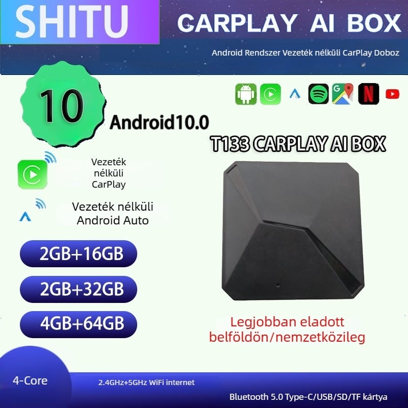 Vezeték nélküli CarPlay AI box Android 10, T133 modell, autóhoz készített okos TV box