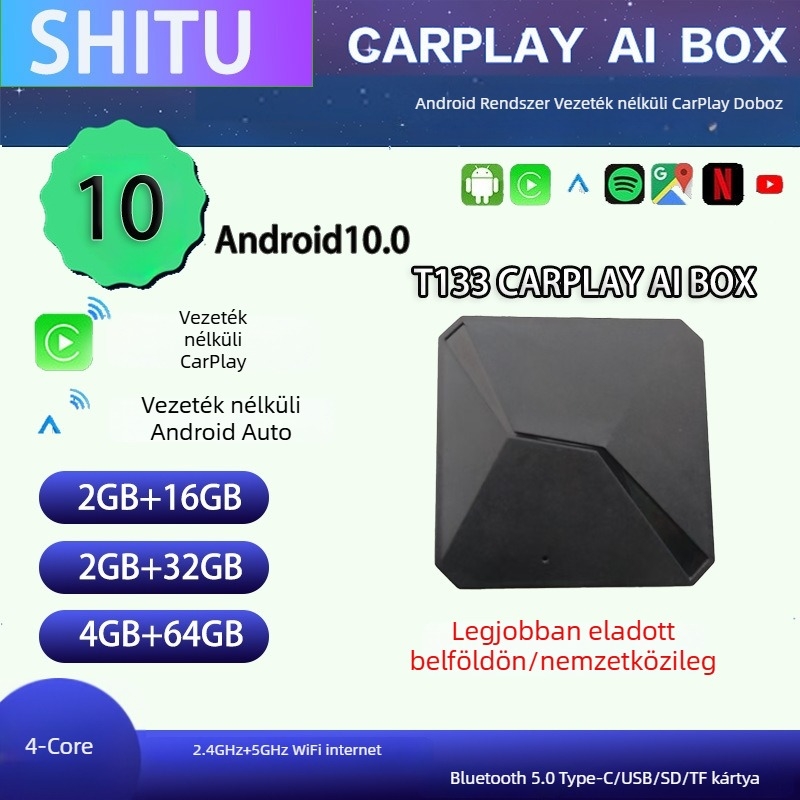 Vezeték nélküli CarPlay AI box Android 10, T133 modell, autóhoz készített okos TV box