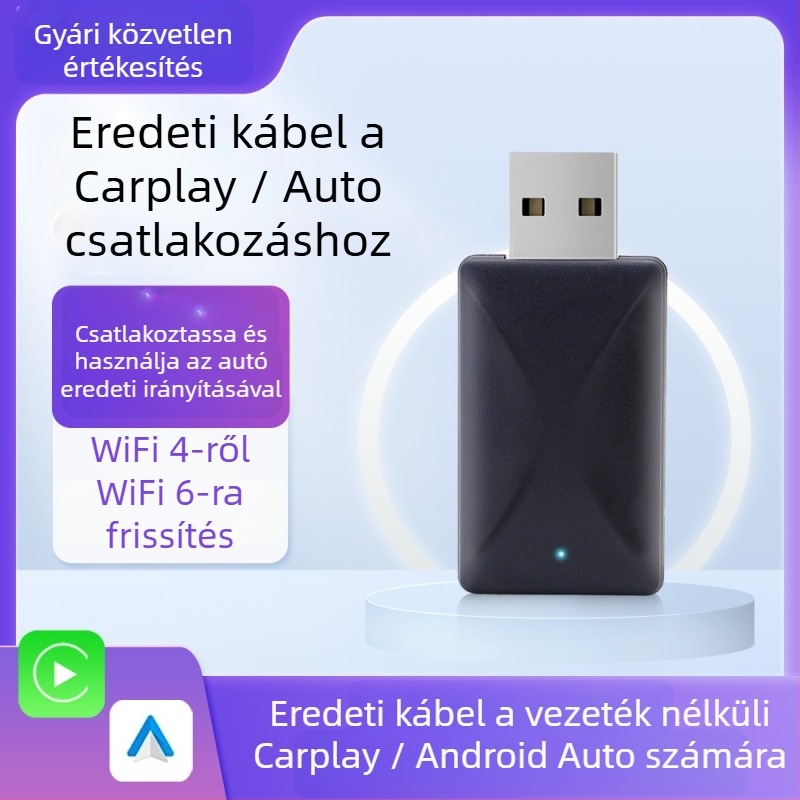 CarPlay vezeték nélküli adapter Android Auto támogatással, 2-in-1 plug-and-play, 5V bemenet, 3–5W fogyasztás, súly 0,1 kg, műanyag+PCB