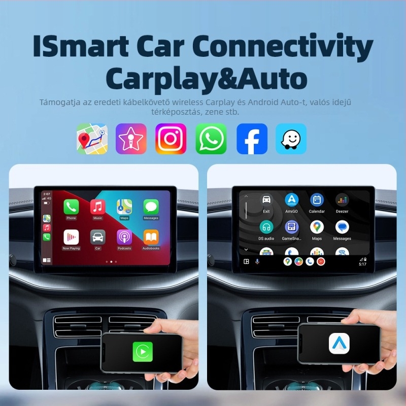 CarPlay vezeték nélküli adapter Android Auto támogatással, 2-in-1 plug-and-play, 5V bemenet, 3–5W fogyasztás, súly 0,1 kg, műanyag+PCB