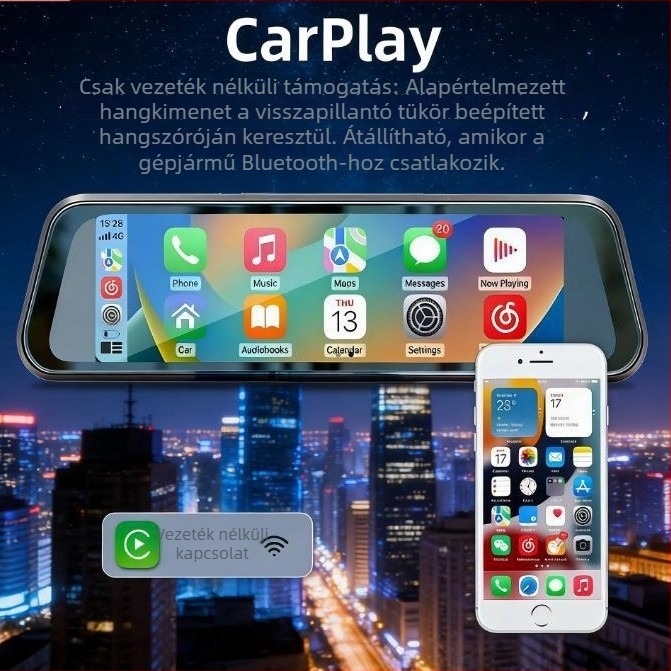 9.66 hüvelykes vezeték nélküli hordozható CarPlay képernyő kapacitív érintőképernyővel, visszapillantó tükör streaminggel és többfunkciós autós felvételkészítővel — Modell Ywd-966, CarPlay, felbontás 1024x600, Súly 1500 g