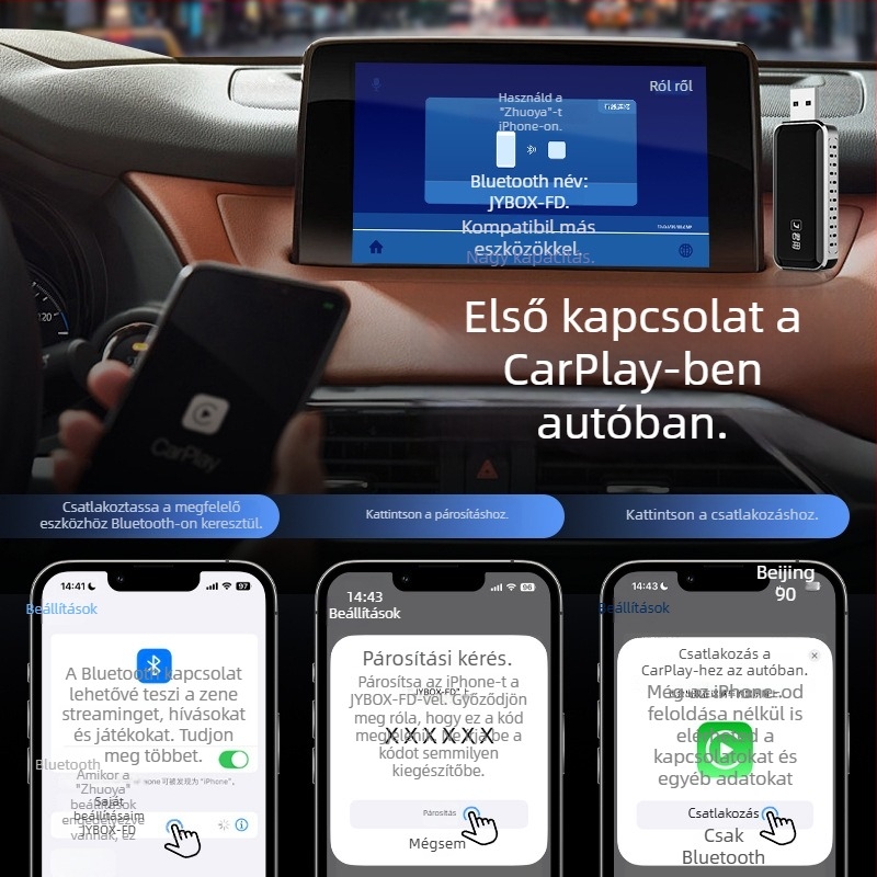 Vezeték nélküli CarPlay doboz Apple iPhone-hoz — Modell G2, Dual-core CPU, 1GB RAM, Linux OS, USB interfész